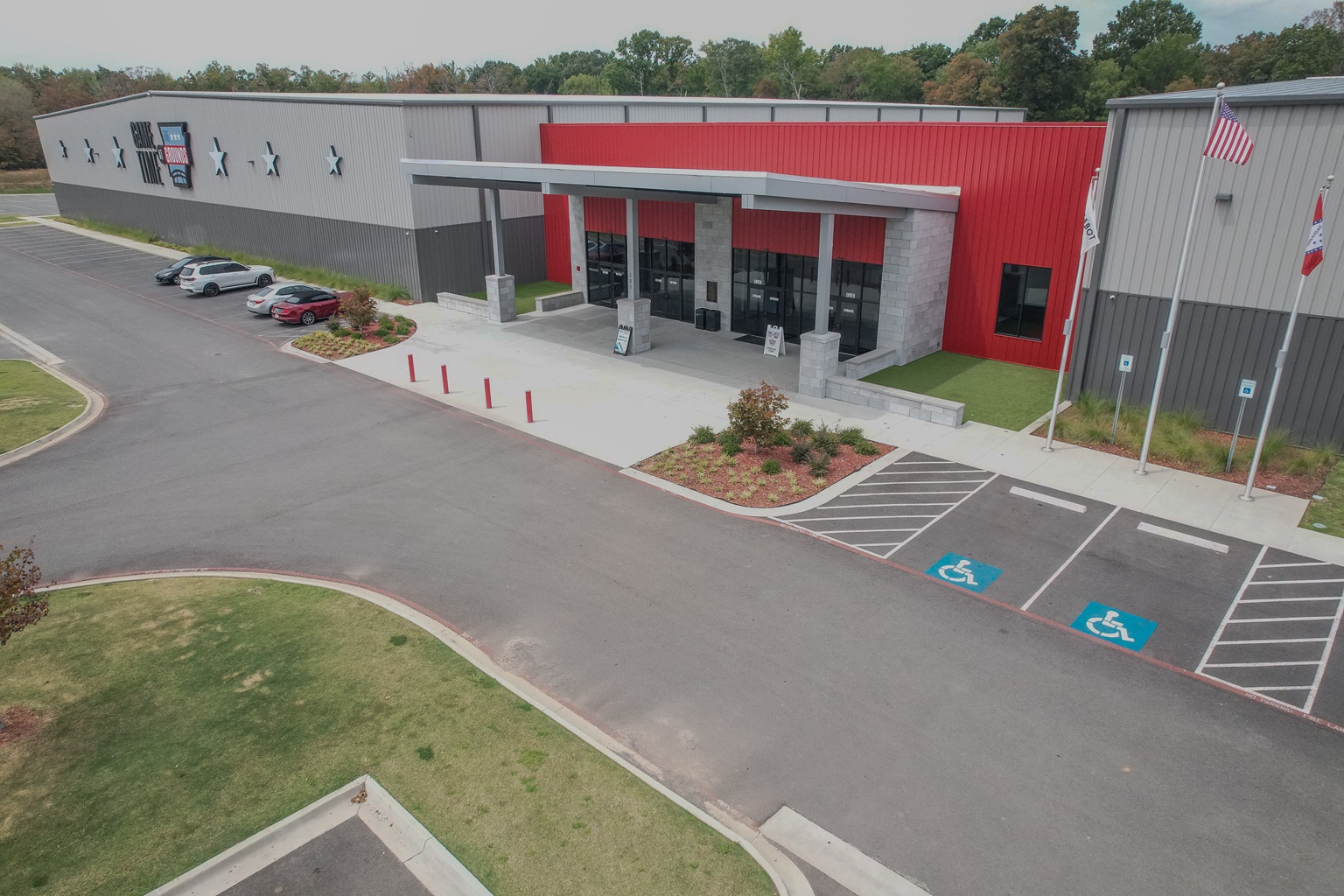 Aerial view of the main entrance at Game Time at The Grounds