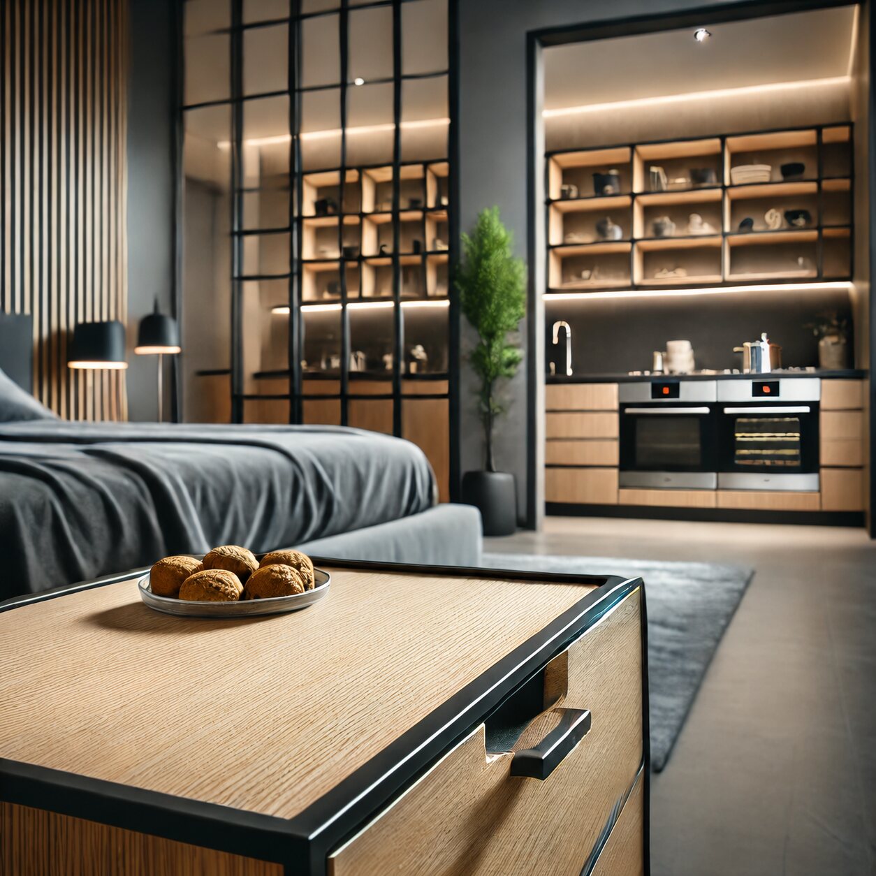 Modern furnished interior with warm built-in lighting