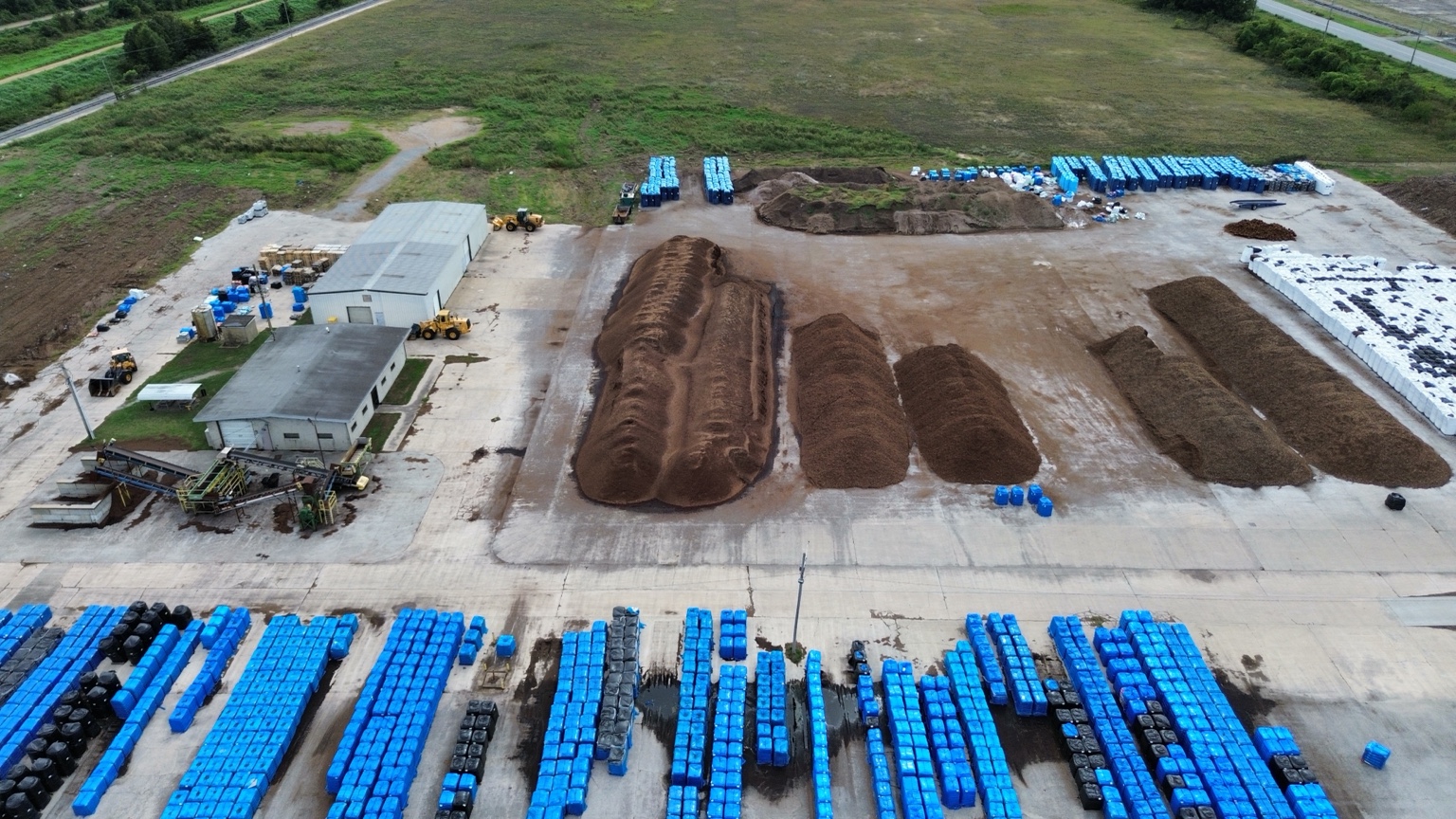 Aerial mapping view of stockpiles across an industrial yard
