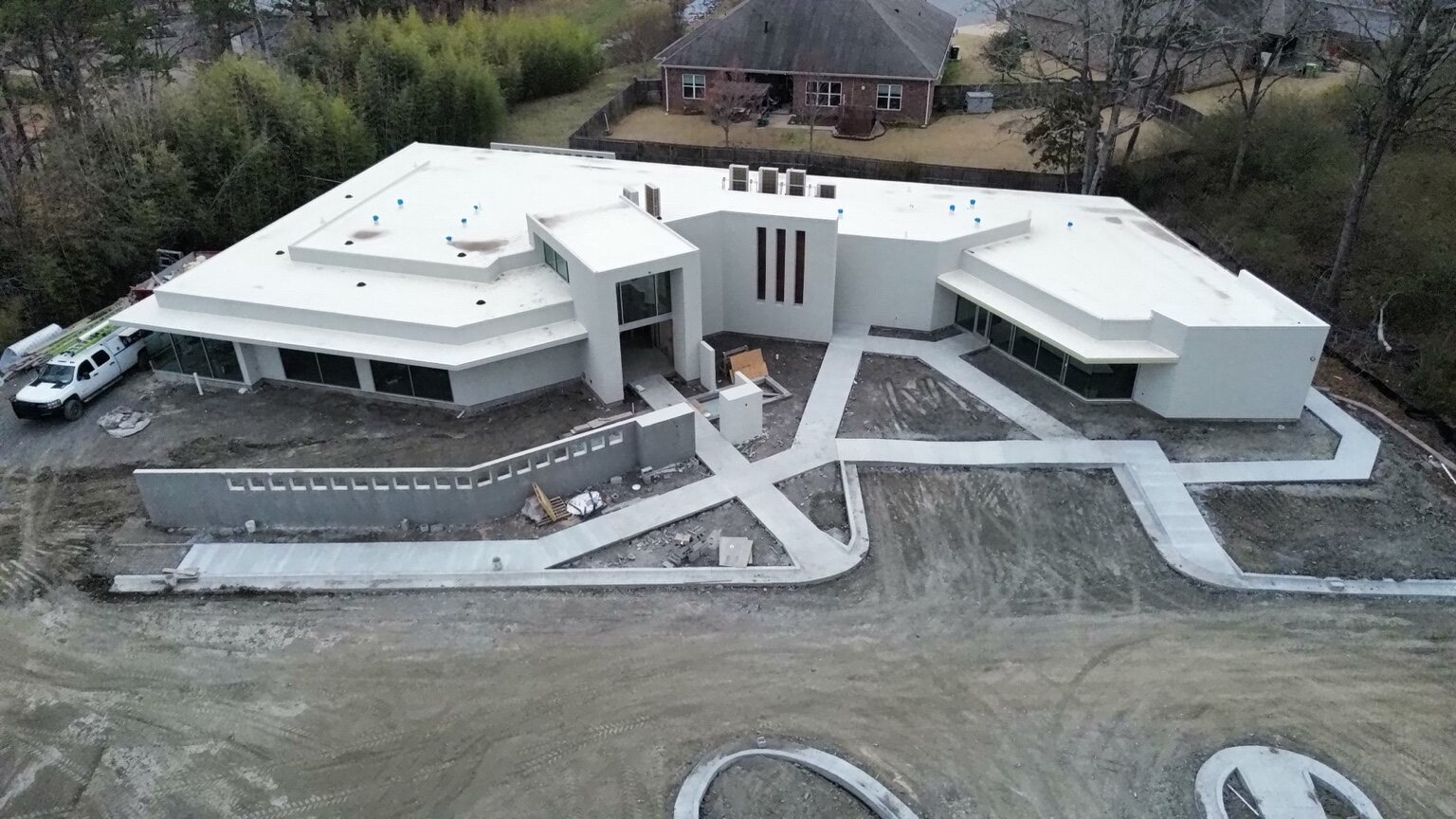 Overhead construction progress view of a modern commercial building