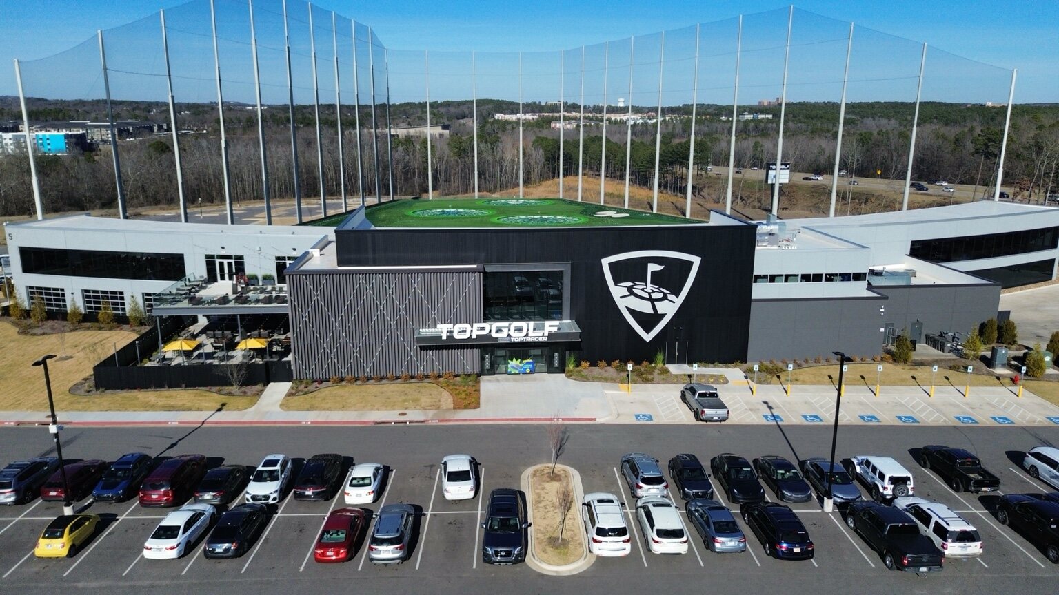 Centered aerial view of the Topgolf entrance