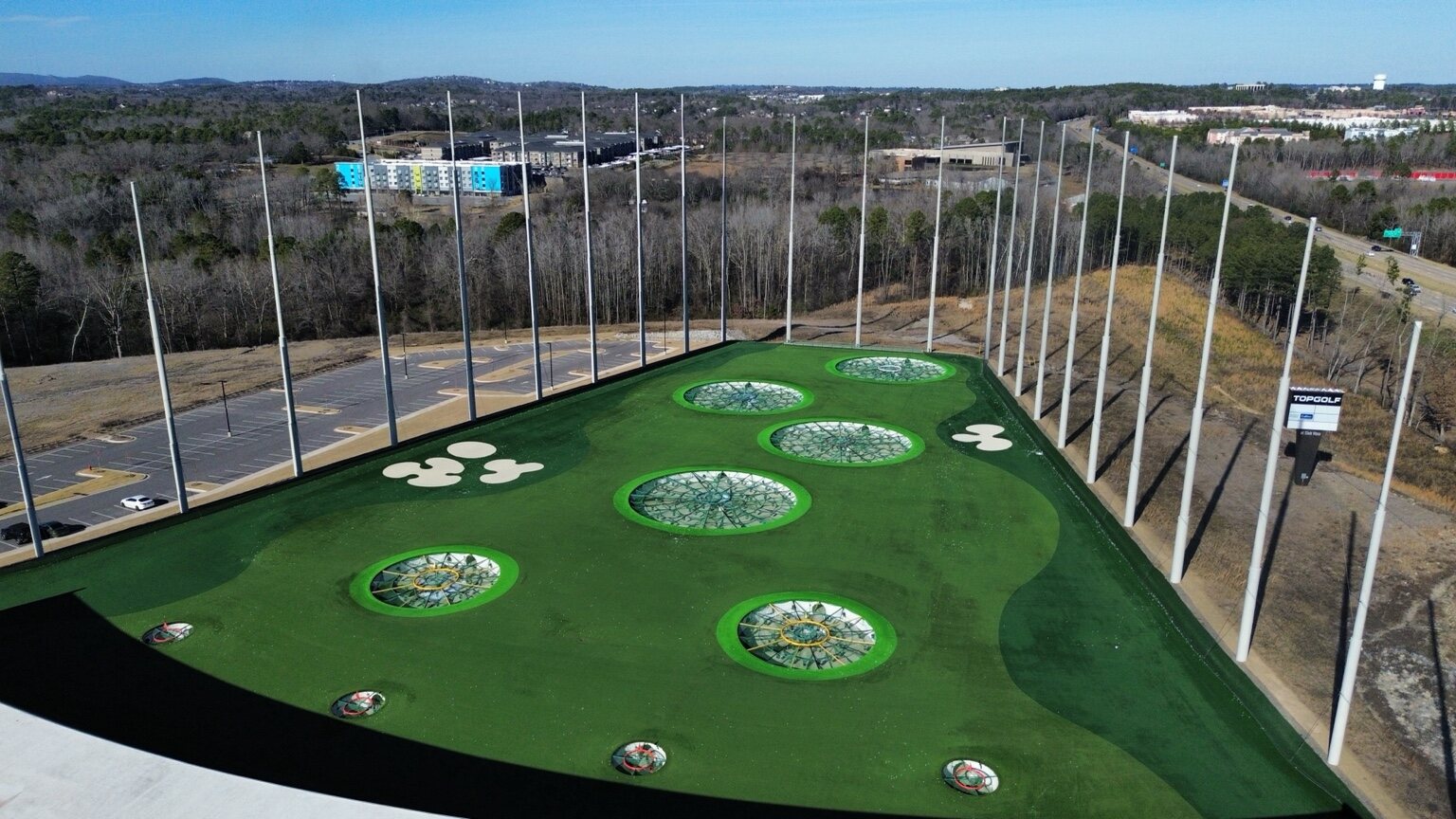 Aerial view across the Topgolf driving range
